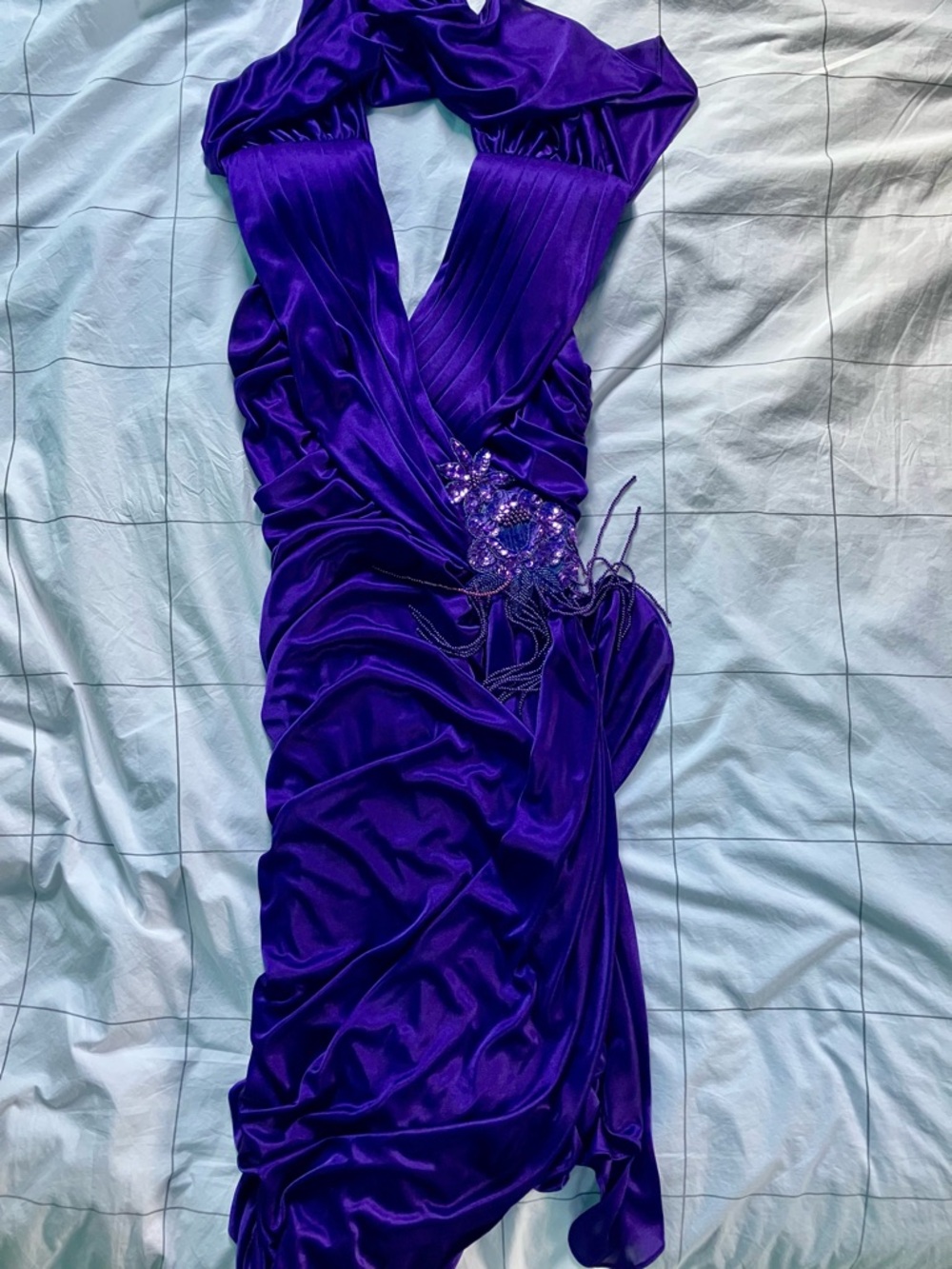Deep Purple Ruched Prom Dress with Beaded Accent